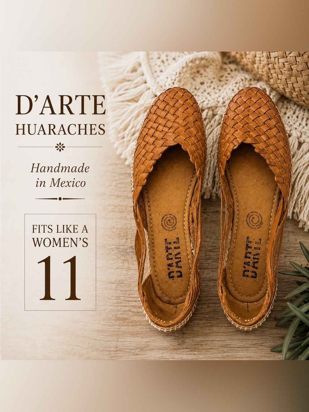 D’Arte Huaraches Leather Espadrille Flats Woven Tan Handmade Mexico Size 11 - Picture 2 of 11